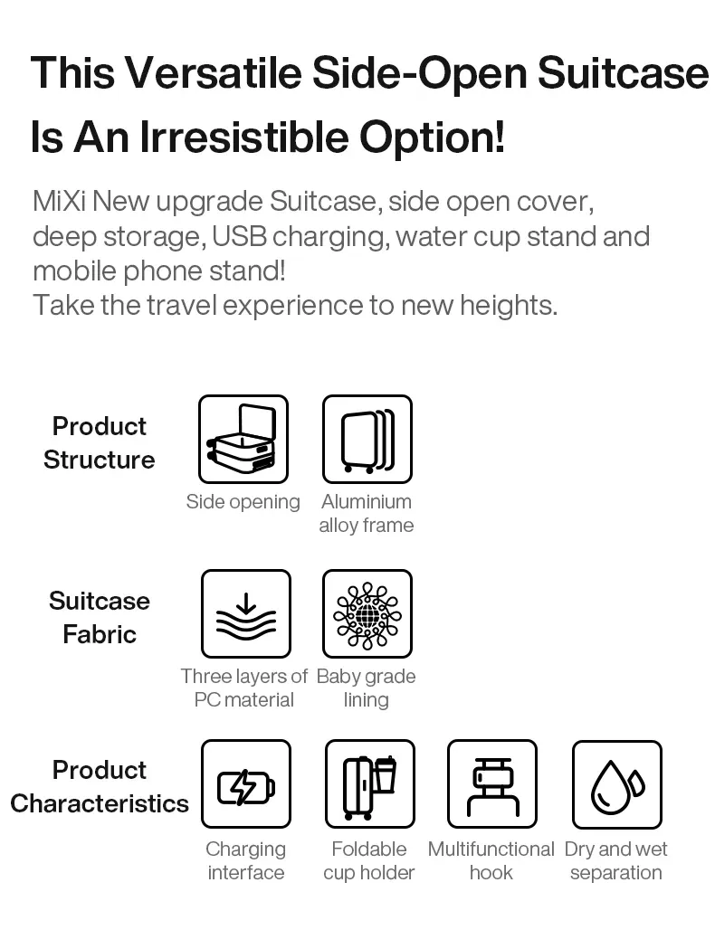Mixi Aluminum Frame Carry-On Luggage with USB Port, Cup Holder, Phone Mount - 20" & 24" Rolling Suitcase for Travel showcase 3