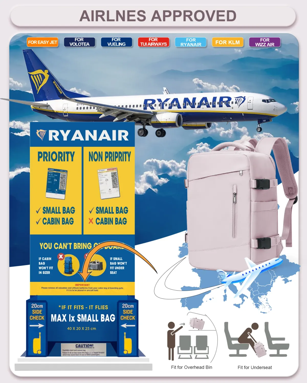 Women's Travel Backpack Suitcase 40x20x25cm Cabin Bag - Ryanair & Wizzair Approved Carry-On for Men & Laptop showcase 1
