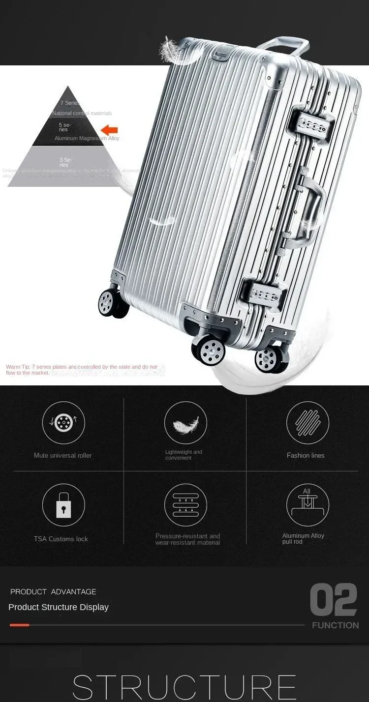 Lightweight Aluminum-Magnesium Alloy Carry-on Suitcase - 20/24/26/29 Inch Business Travel Trolley Luggage with Spinner Wheels showcase 3
