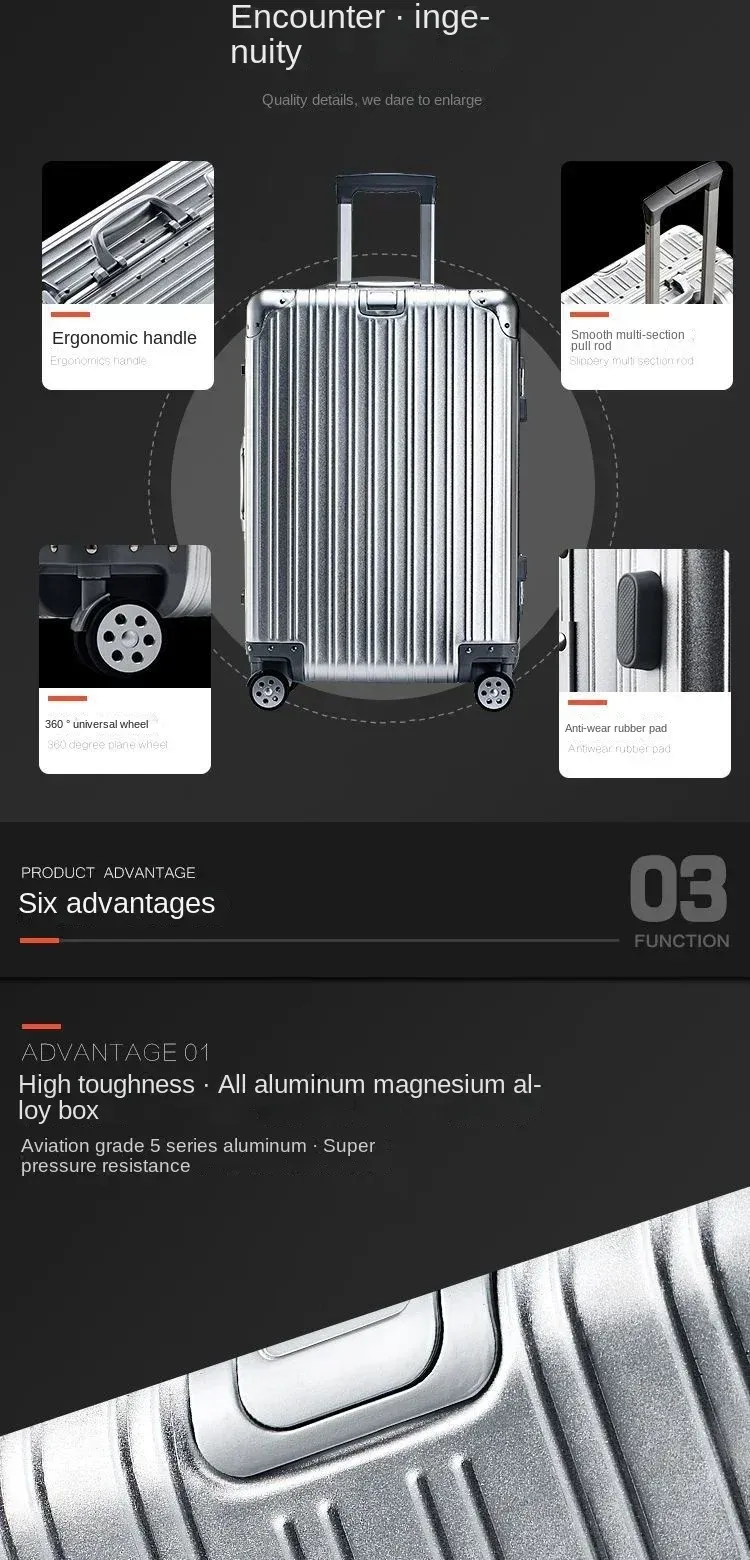 Lightweight Aluminum-Magnesium Alloy Carry-on Suitcase - 20/24/26/29 Inch Business Travel Trolley Luggage with Spinner Wheels showcase 4