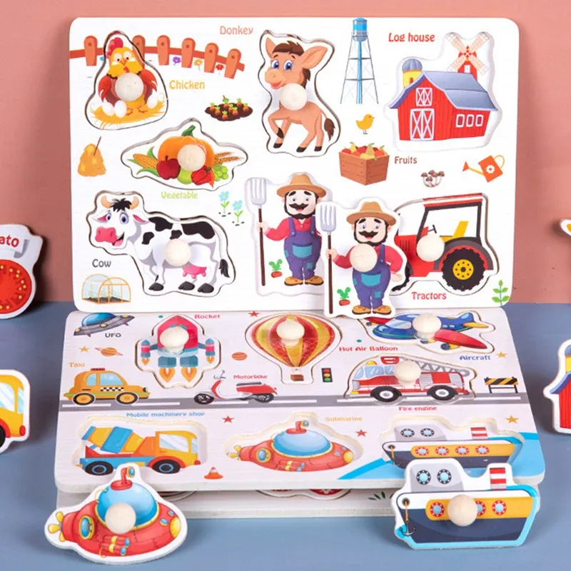 Montessori Wooden 3D Puzzles for Toddlers - Educational Cartoon Vehicle, Animal, and Fruit Grab Boards for Early Learning and Fine Motor Skill Development thumbnail 3