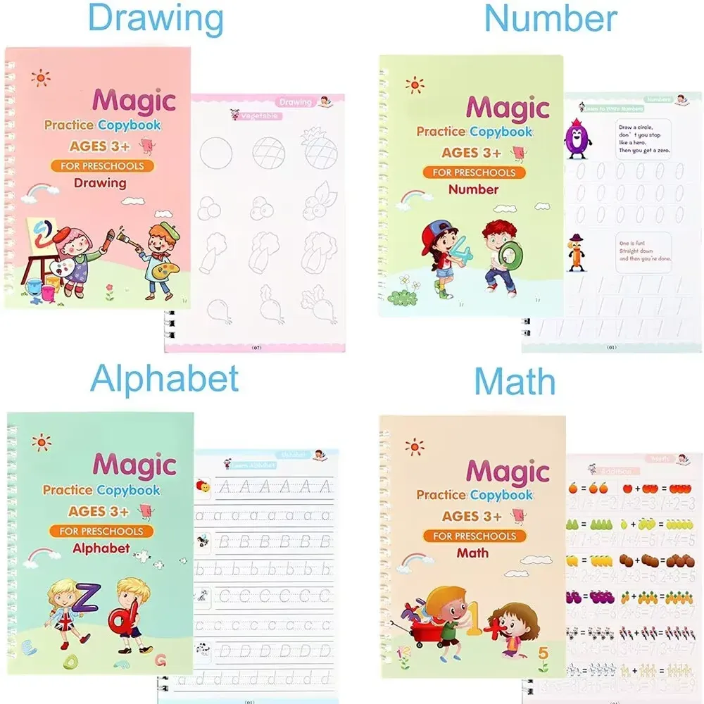 4 Books Magic Calligraphy Notebook Set for Kids: Reusable Educational Writing Practice Toy with Pen and Refills, Montessori Style Learning Aid thumbnail 6
