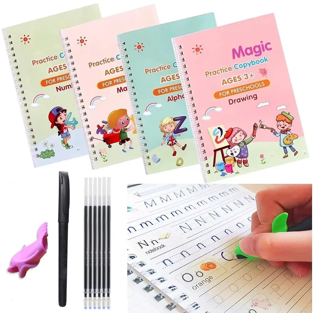 4 Books Magic Calligraphy Notebook Set for Kids: Reusable Educational Writing Practice Toy with Pen and Refills, Montessori Style Learning Aid