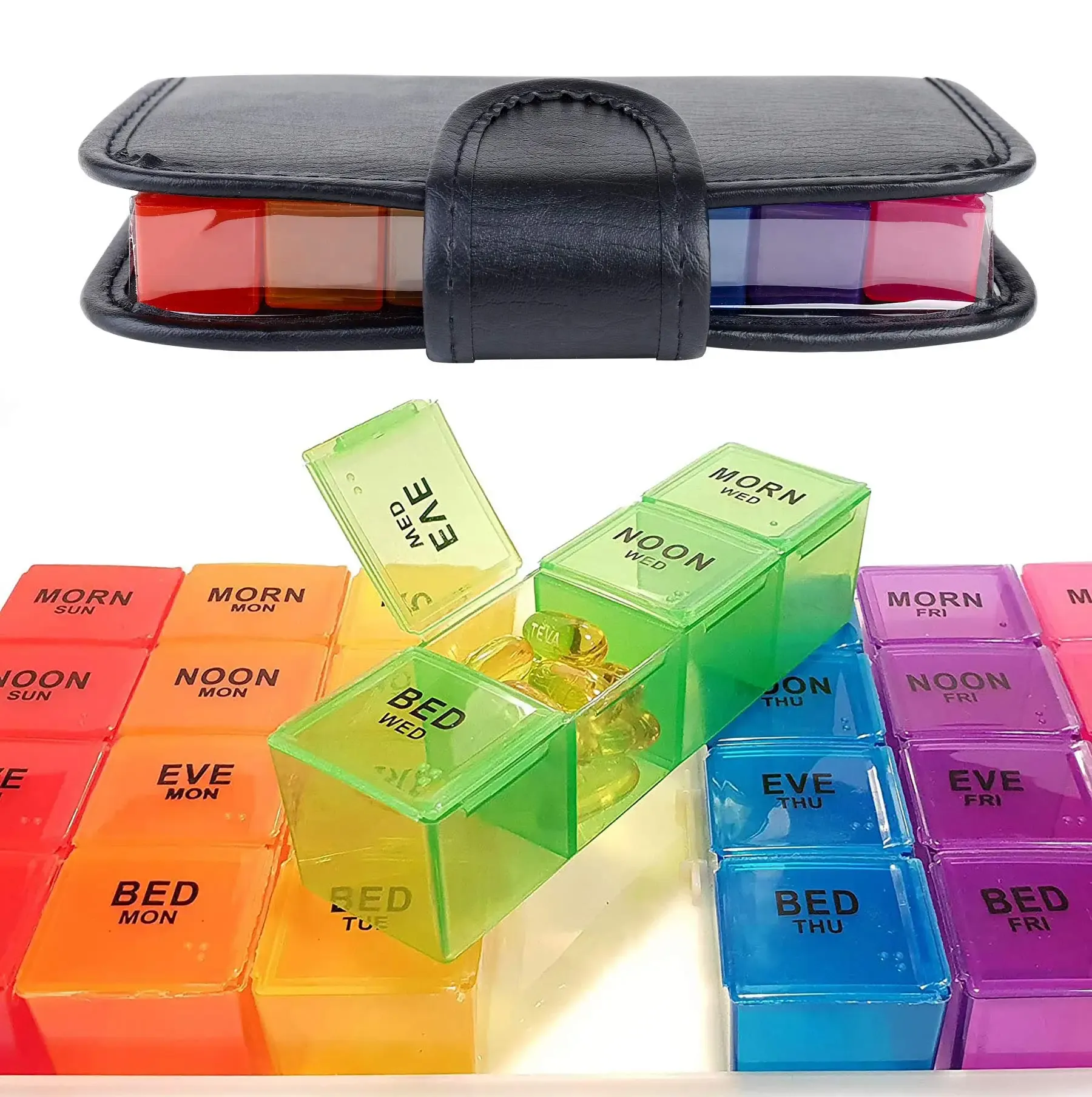 7-Day Pill Box Organizer with 28 Compartments & PU Wallet - Weekly Medicine Vitamin Fish Oil Tablet Storage Case for Travel & Daily Health Management thumbnail 3