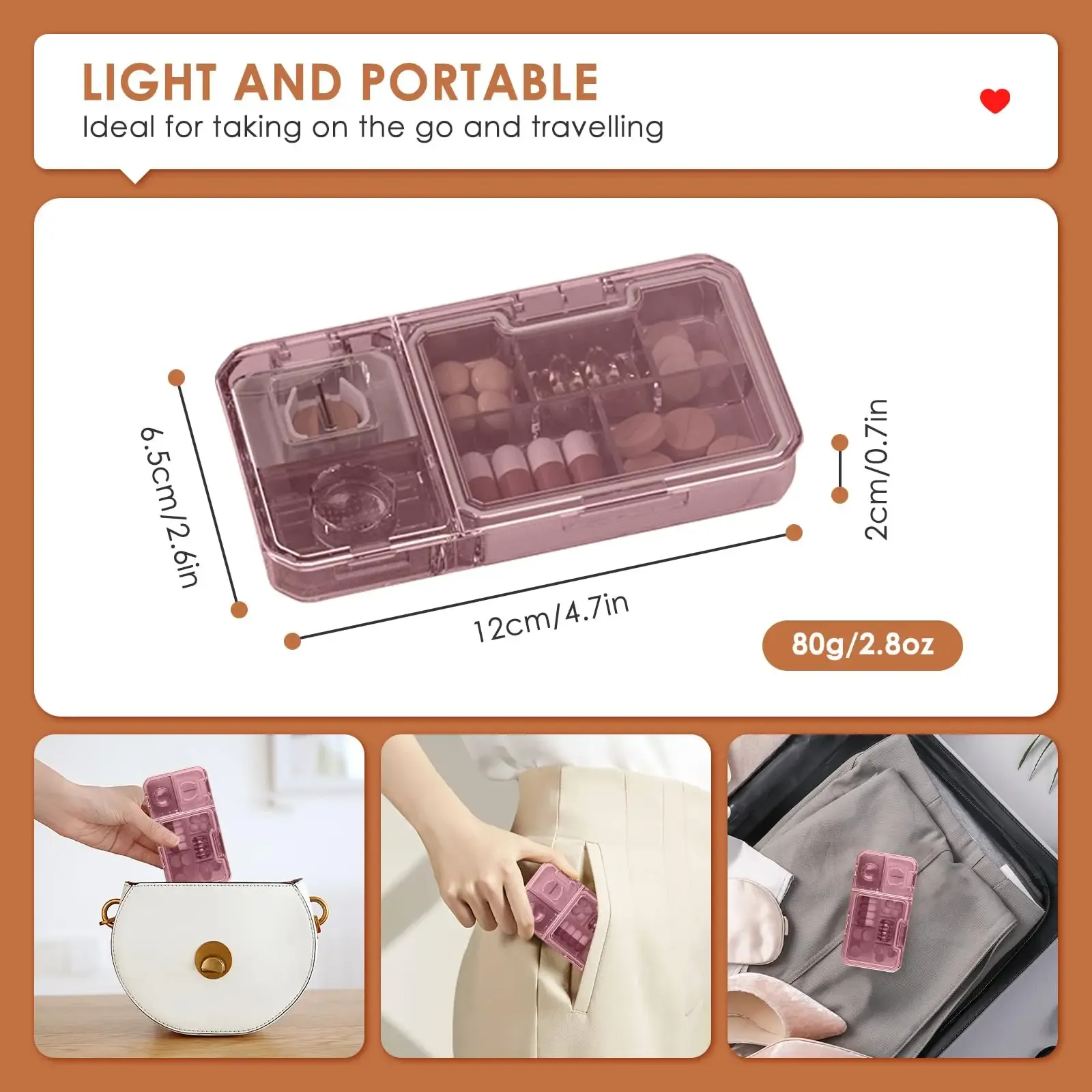 3-in-1 Travel Pill Organizer Box with Cutter & Grinder - BPA-Free, Sealed Moistureproof Case for Vitamins & Tablets thumbnail 6