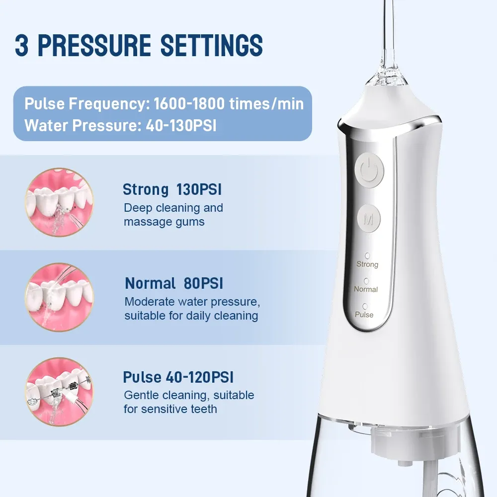 Rechargeable Oral Irrigator Water Flosser for Teeth Cleaning, Portable Dental Pick with 5 Nozzles, 3 Modes, 300ml Tank, USB Charging for Home & Travel thumbnail 2
