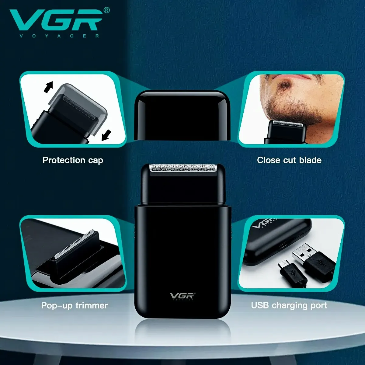 VGR Professional Electric Shaver for Men, Portable Mini USB Rechargeable Beard Trimmer with Dual Blades and Pop-up Trimmer, Stainless Steel, 45 Min Runtime thumbnail 2