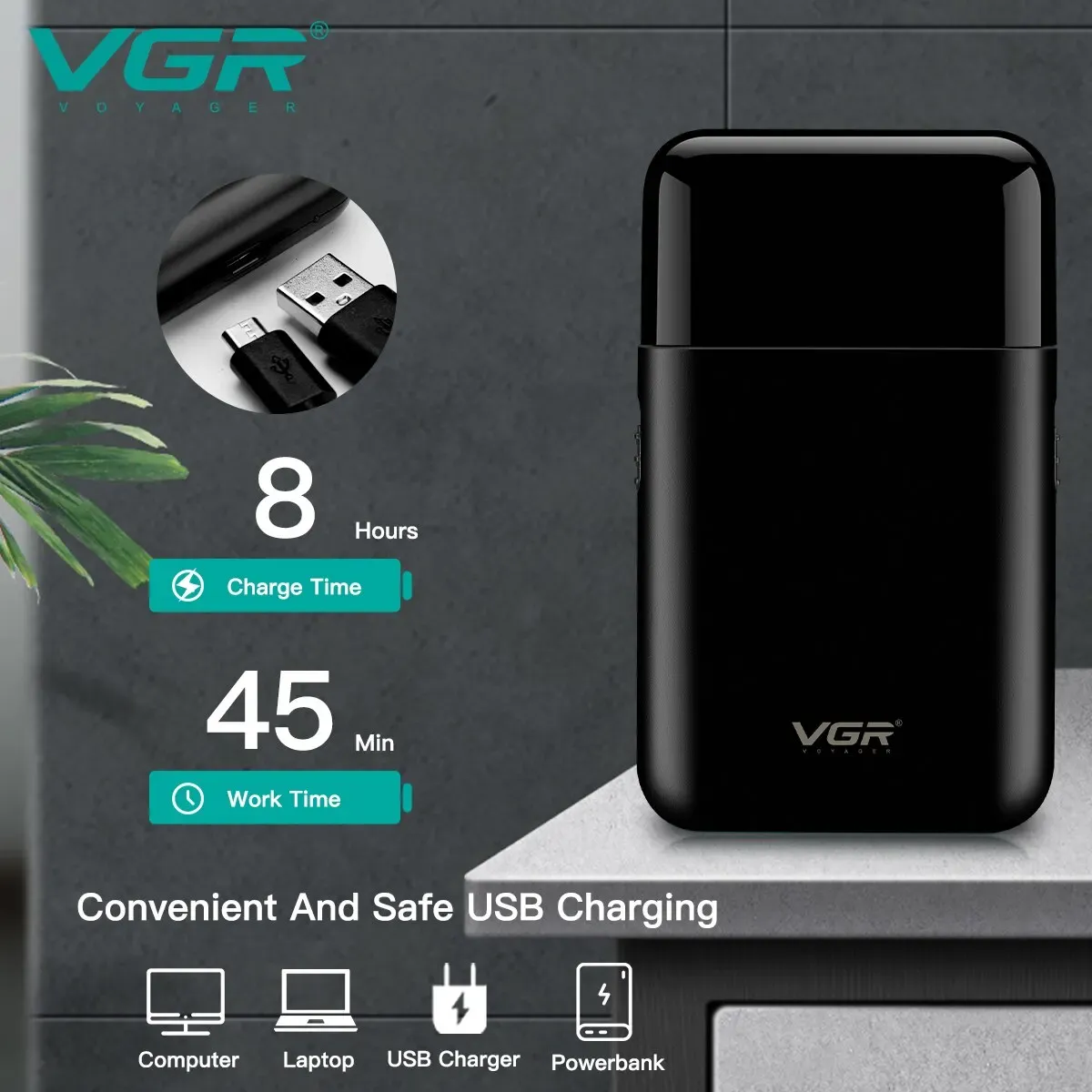 VGR Professional Electric Shaver for Men, Portable Mini USB Rechargeable Beard Trimmer with Dual Blades and Pop-up Trimmer, Stainless Steel, 45 Min Runtime thumbnail 3