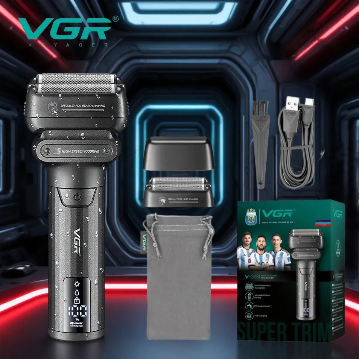 VGR Professional Beard Trimmer for Men, 9000 RPM Electric Shaver, Waterproof IPX6 Foil Razor with LED Display, 180-Min Runtime, USB Fast Charge, Ideal for Travel