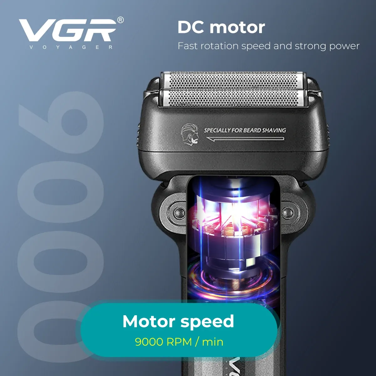 VGR Professional Beard Trimmer for Men, 9000 RPM Electric Shaver, Waterproof IPX6 Foil Razor with LED Display, 180-Min Runtime, USB Fast Charge, Ideal for Travel thumbnail 2