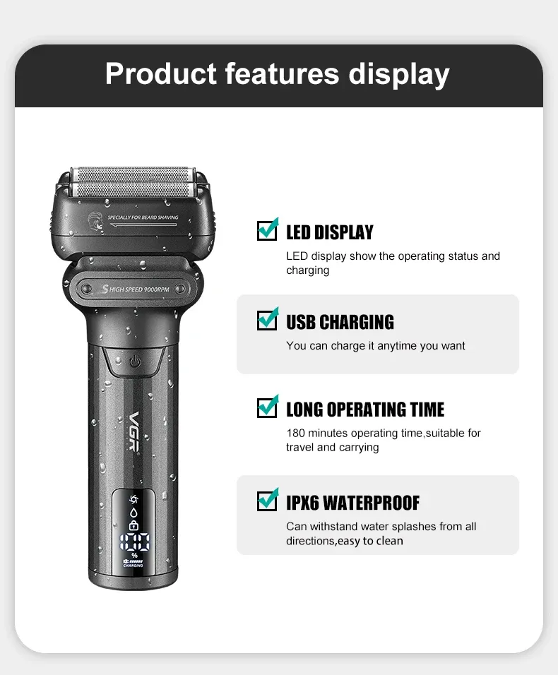 VGR Professional Beard Trimmer for Men, 9000 RPM Electric Shaver, Waterproof IPX6 Foil Razor with LED Display, 180-Min Runtime, USB Fast Charge, Ideal for Travel showcase 3