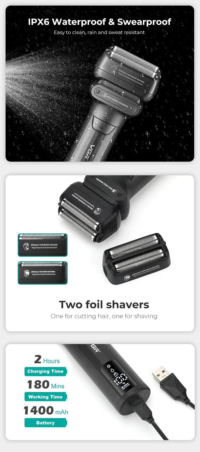 VGR Professional Beard Trimmer for Men, 9000 RPM Electric Shaver, Waterproof IPX6 Foil Razor with LED Display, 180-Min Runtime, USB Fast Charge, Ideal for Travel showcase 5