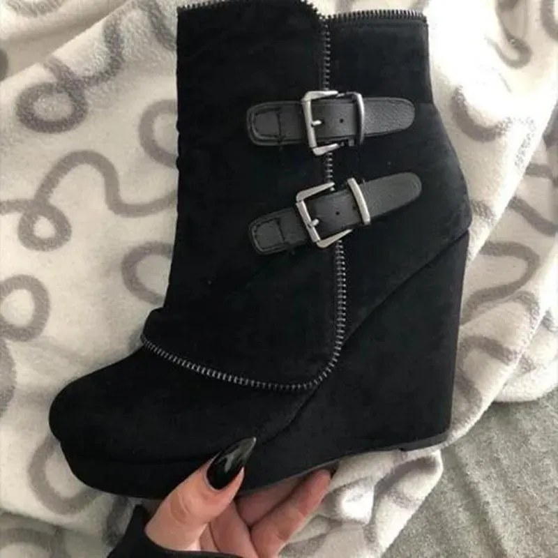 2025 Modern Women's Ankle Boots: Suede High-Heel Wedges with Fake Zip & Belt Buckle, Height Increasing Daily Wear Fashion Shoes thumbnail 1