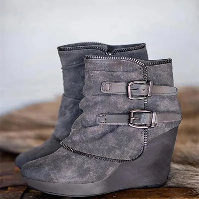 2025 Modern Women's Ankle Boots: Suede High-Heel Wedges with Fake Zip & Belt Buckle, Height Increasing Daily Wear Fashion Shoes thumbnail 2