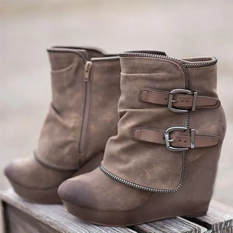 2025 Modern Women's Ankle Boots: Suede High-Heel Wedges with Fake Zip & Belt Buckle, Height Increasing Daily Wear Fashion Shoes thumbnail 3