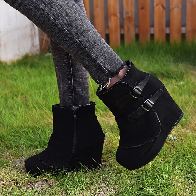 2025 Modern Women's Ankle Boots: Suede High-Heel Wedges with Fake Zip & Belt Buckle, Height Increasing Daily Wear Fashion Shoes thumbnail 5
