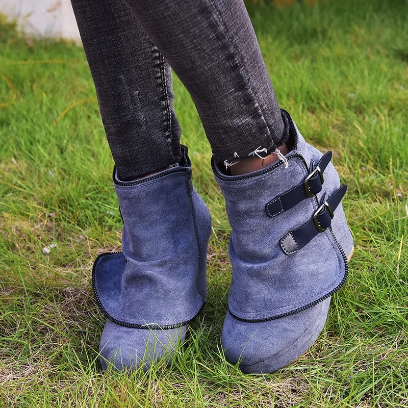 2025 Modern Women's Ankle Boots: Suede High-Heel Wedges with Fake Zip & Belt Buckle, Height Increasing Daily Wear Fashion Shoes showcase 8