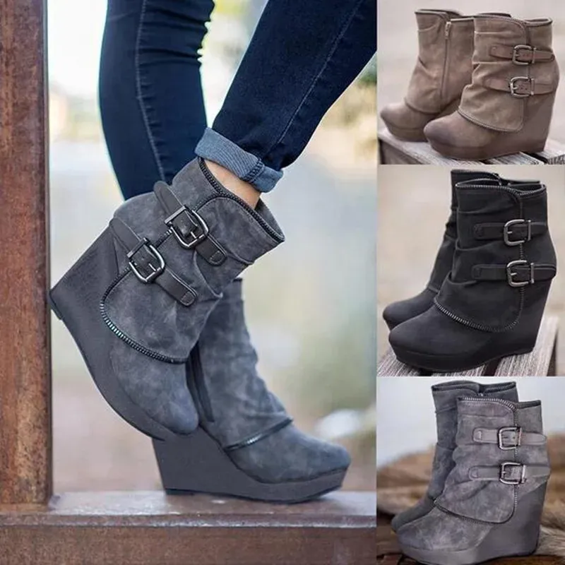 2025 Modern Women's Ankle Boots: Suede High-Heel Wedges with Fake Zip & Belt Buckle, Height Increasing Daily Wear Fashion Shoes thumbnail 4