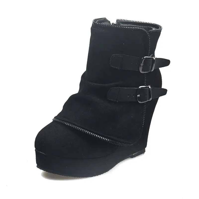 2025 Modern Women's Ankle Boots: Suede High-Heel Wedges with Fake Zip & Belt Buckle, Height Increasing Daily Wear Fashion Shoes showcase 5