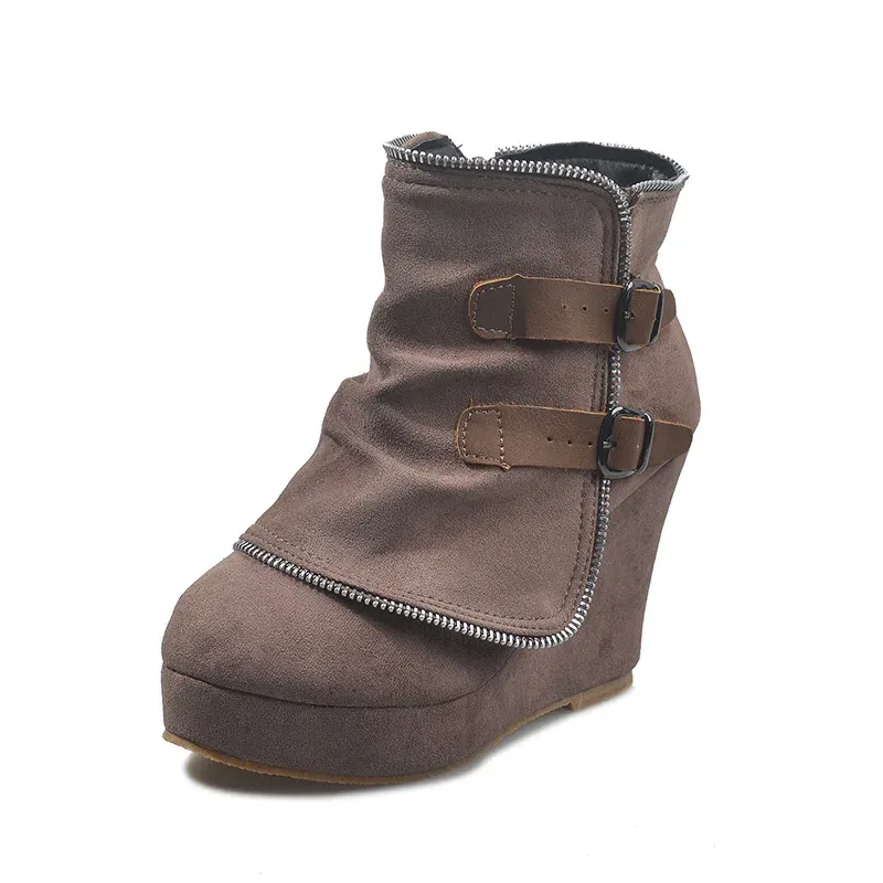 2025 Modern Women's Ankle Boots: Suede High-Heel Wedges with Fake Zip & Belt Buckle, Height Increasing Daily Wear Fashion Shoes showcase 6