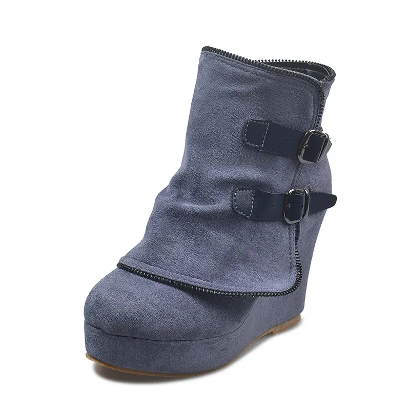 2025 Modern Women's Ankle Boots: Suede High-Heel Wedges with Fake Zip & Belt Buckle, Height Increasing Daily Wear Fashion Shoes showcase 4