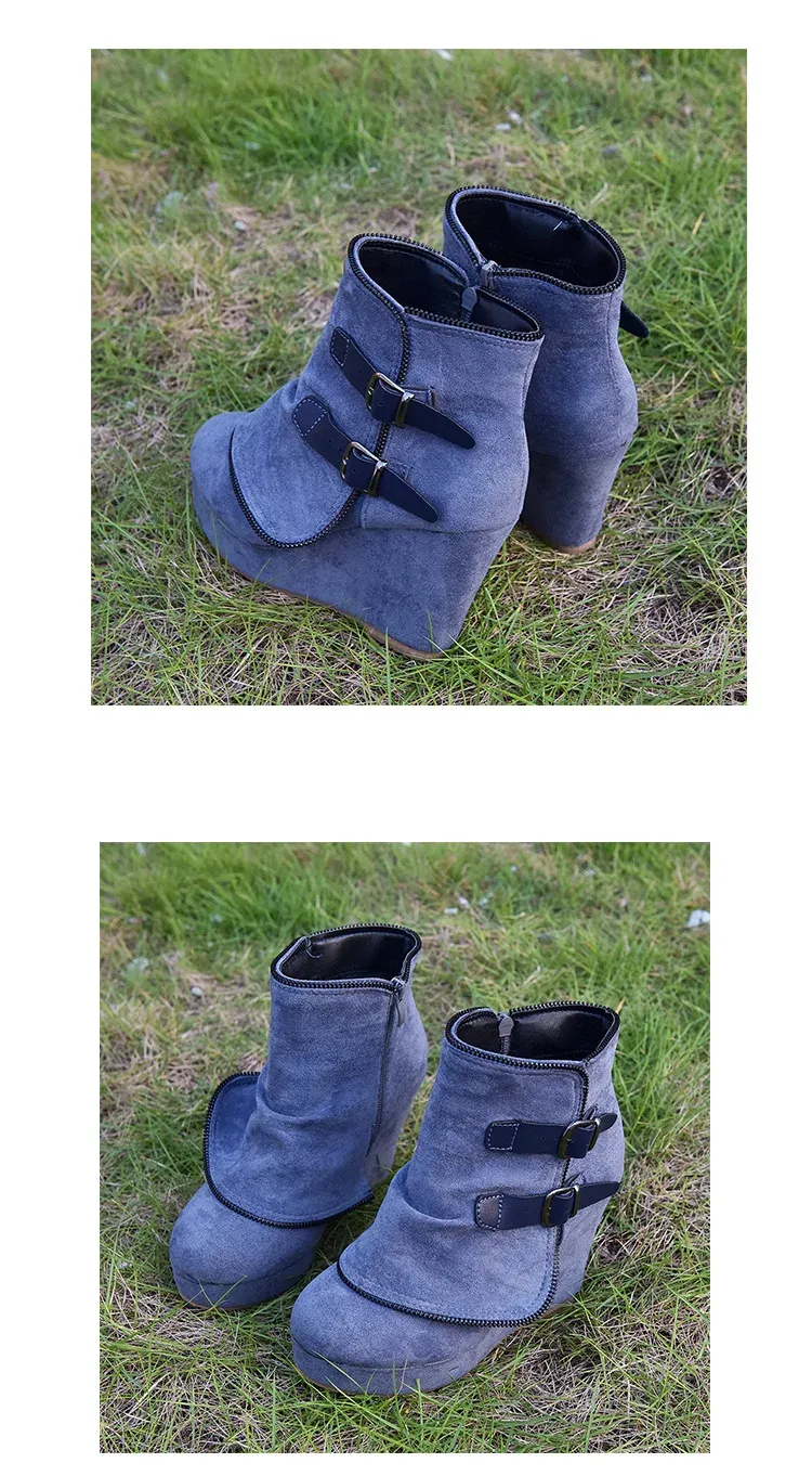 2025 Modern Women's Ankle Boots: Suede High-Heel Wedges with Fake Zip & Belt Buckle, Height Increasing Daily Wear Fashion Shoes showcase 3