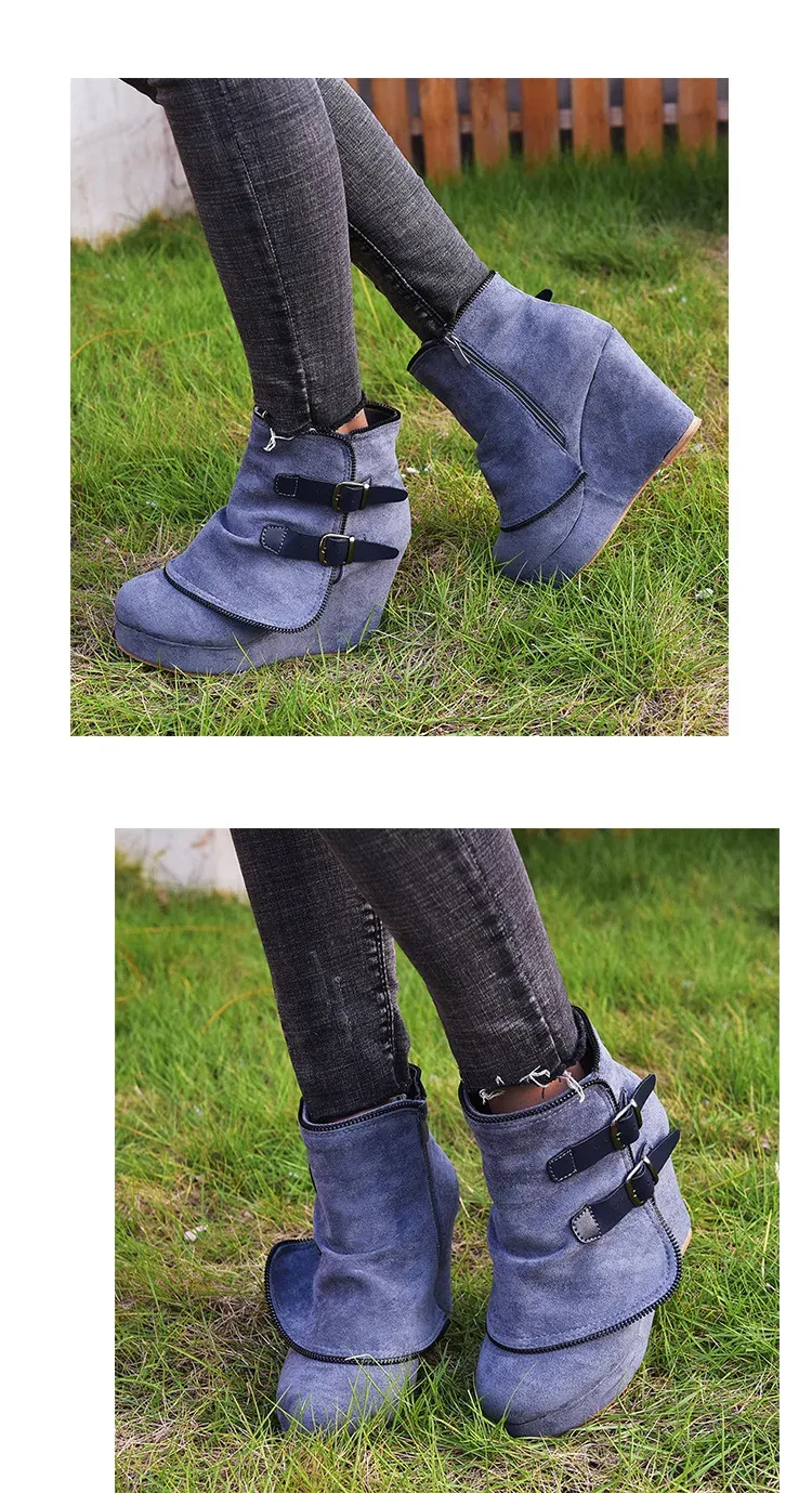 2025 Modern Women's Ankle Boots: Suede High-Heel Wedges with Fake Zip & Belt Buckle, Height Increasing Daily Wear Fashion Shoes showcase 2