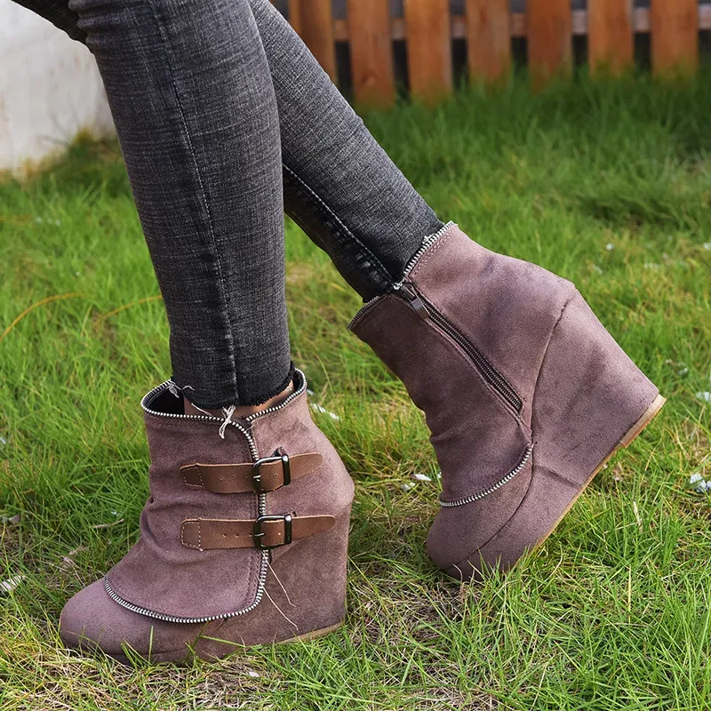2025 Modern Women's Ankle Boots: Suede High-Heel Wedges with Fake Zip & Belt Buckle, Height Increasing Daily Wear Fashion Shoes showcase 10