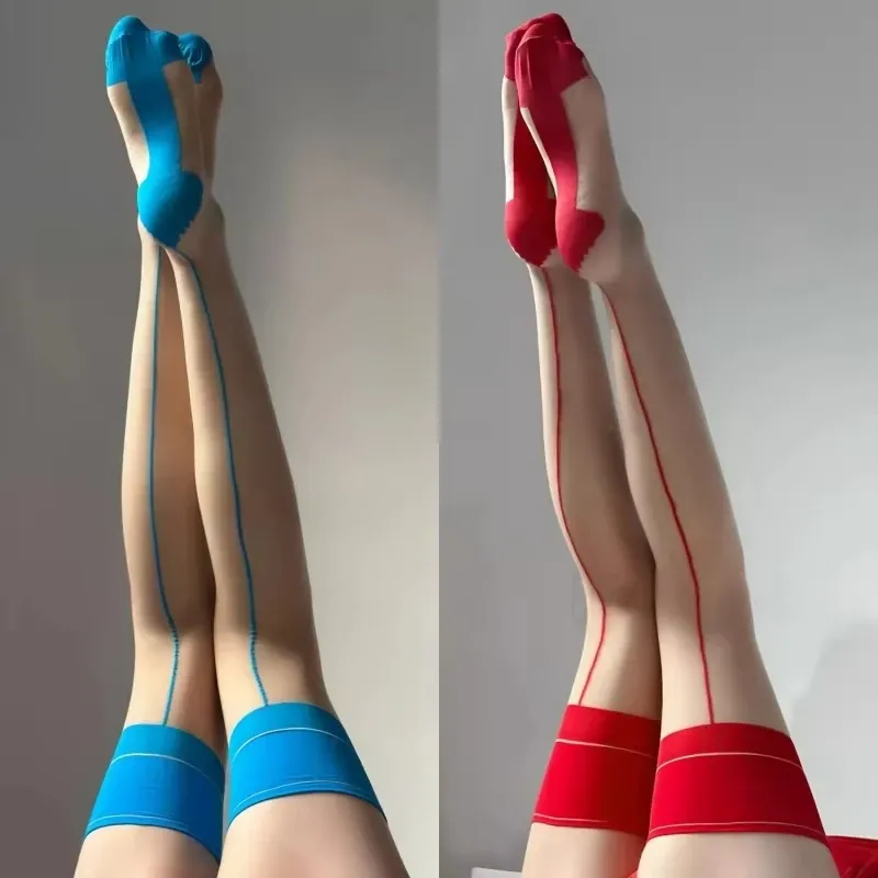 Vintage Cuban Heel Back Seam Thigh High Stockings - Ultra Thin Transparent Silk Hosiery for Women, Shiny Oil Finish, Sexy Patchwork Lingerie - Image 1