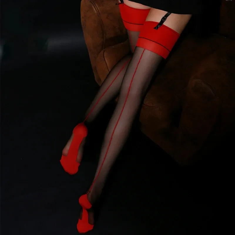 Vintage Cuban Heel Back Seam Thigh High Stockings - Ultra Thin Transparent Silk Hosiery for Women, Shiny Oil Finish, Sexy Patchwork Lingerie showcase 10