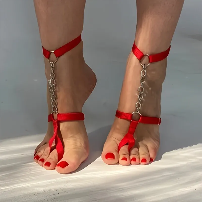 Gothic Black Elastic Bandage Anklet Bracelet for Women - Adjustable Thigh Harness Foot Chain for Prom, Summer Barefoot Sandals, Cosplay & Festivals thumbnail 5