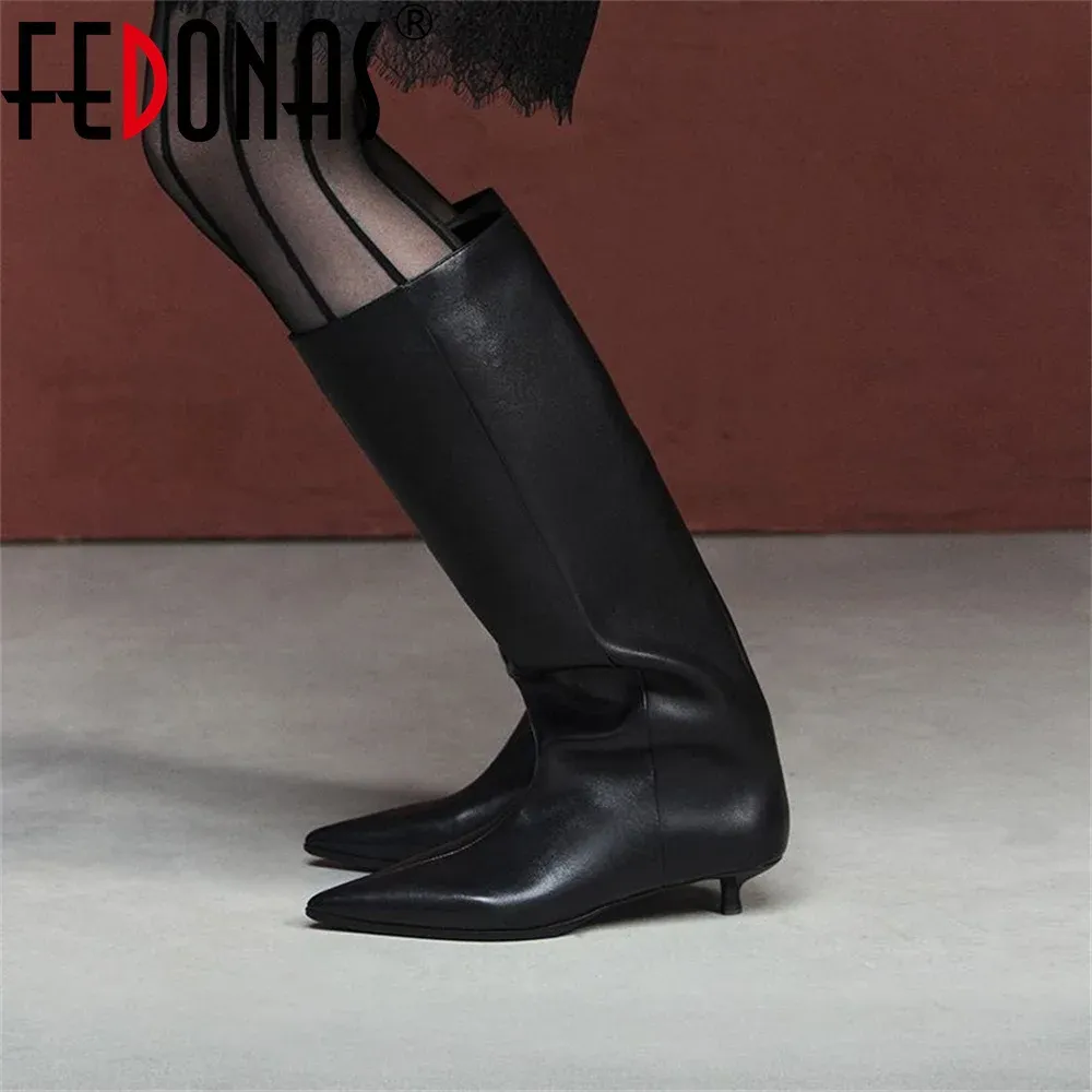 FEDONAS Women's Genuine Leather Suede Knee-High Boots with High Heels - Warm Autumn/Winter Fashion Long Knight Boots for Stylish Ladies - Image 1