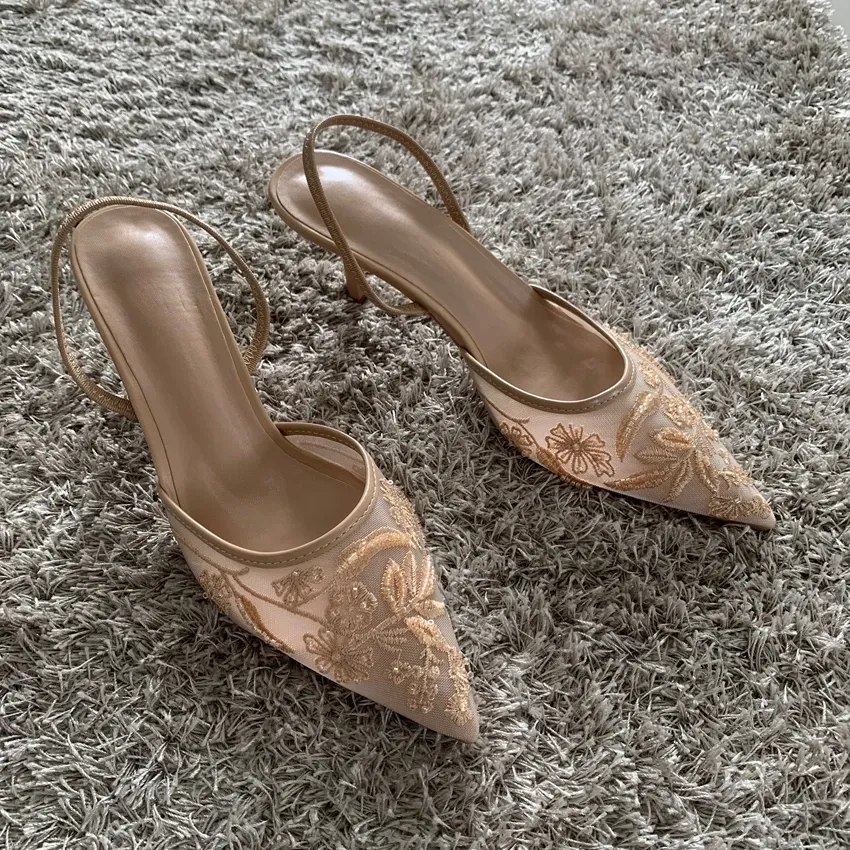 Women's Fashion Embroidered Mesh High Heel Mules Sandals - Pointed Toe Slingback Slippers with String Bead Detail, 7.5cm Heel Height thumbnail 1