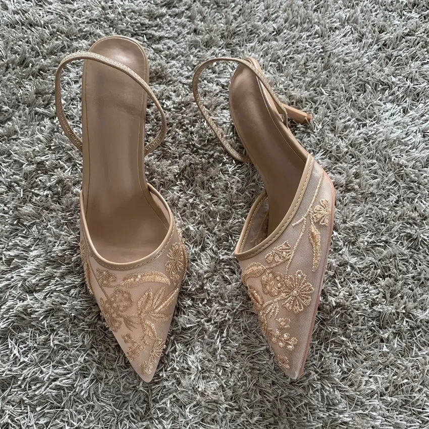 Women's Fashion Embroidered Mesh High Heel Mules Sandals - Pointed Toe Slingback Slippers with String Bead Detail, 7.5cm Heel Height showcase 5