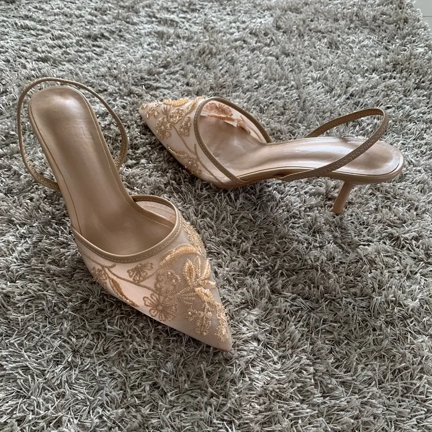 Women's Fashion Embroidered Mesh High Heel Mules Sandals - Pointed Toe Slingback Slippers with String Bead Detail, 7.5cm Heel Height thumbnail 2