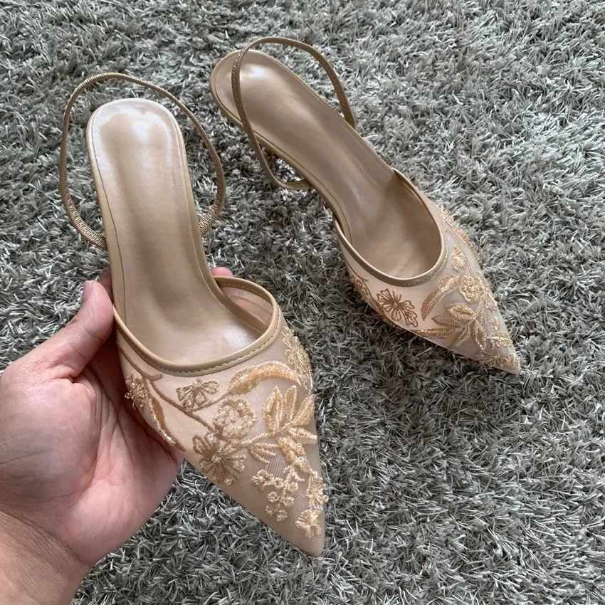 Women's Fashion Embroidered Mesh High Heel Mules Sandals - Pointed Toe Slingback Slippers with String Bead Detail, 7.5cm Heel Height showcase 6