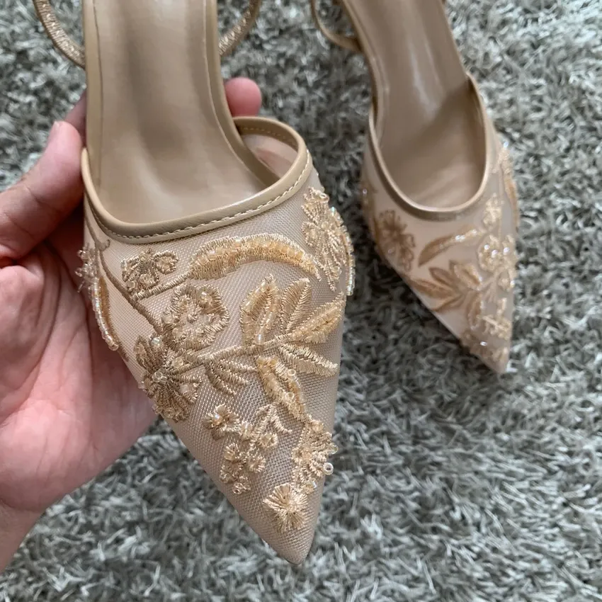 Women's Fashion Embroidered Mesh High Heel Mules Sandals - Pointed Toe Slingback Slippers with String Bead Detail, 7.5cm Heel Height thumbnail 5