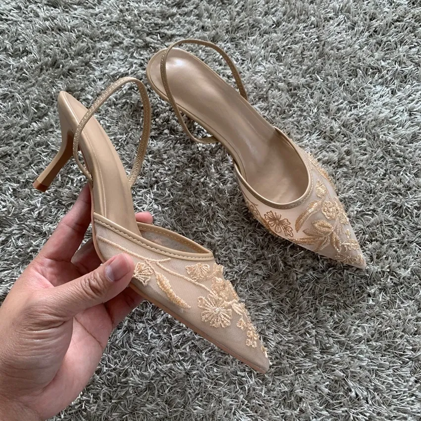 Women's Fashion Embroidered Mesh High Heel Mules Sandals - Pointed Toe Slingback Slippers with String Bead Detail, 7.5cm Heel Height showcase 7