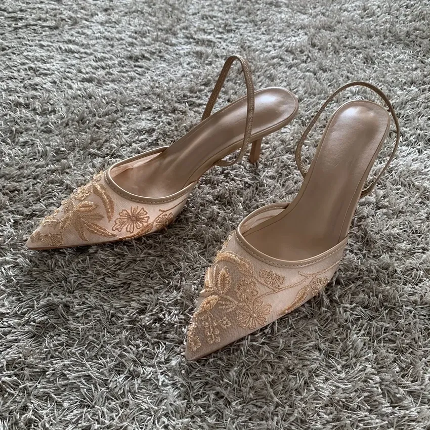 Women's Fashion Embroidered Mesh High Heel Mules Sandals - Pointed Toe Slingback Slippers with String Bead Detail, 7.5cm Heel Height thumbnail 3