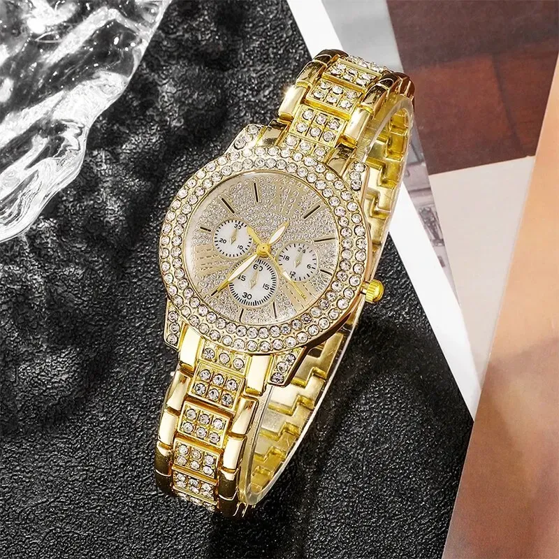 Women's Luxury Rhinestone Watch Jewelry Set - Gold Stainless Steel Quartz Fashion Wristwatch with Ring, Necklace, Earrings for Casual & Formal Wear thumbnail 5