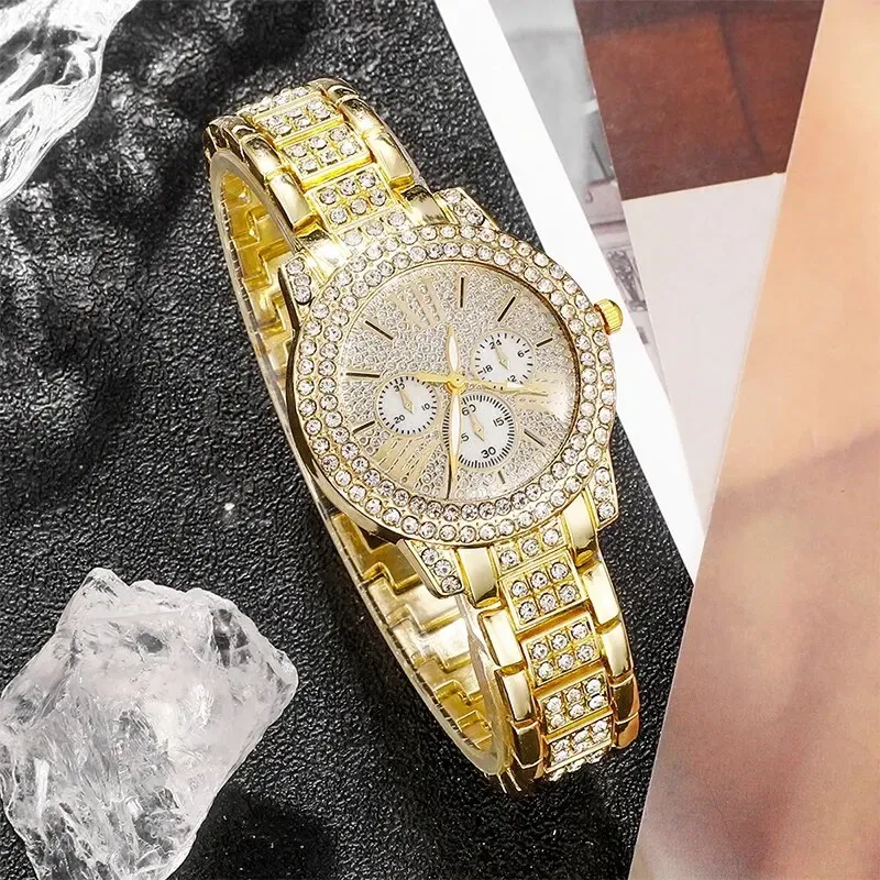 Women's Luxury Rhinestone Watch Jewelry Set - Gold Stainless Steel Quartz Fashion Wristwatch with Ring, Necklace, Earrings for Casual & Formal Wear thumbnail 4
