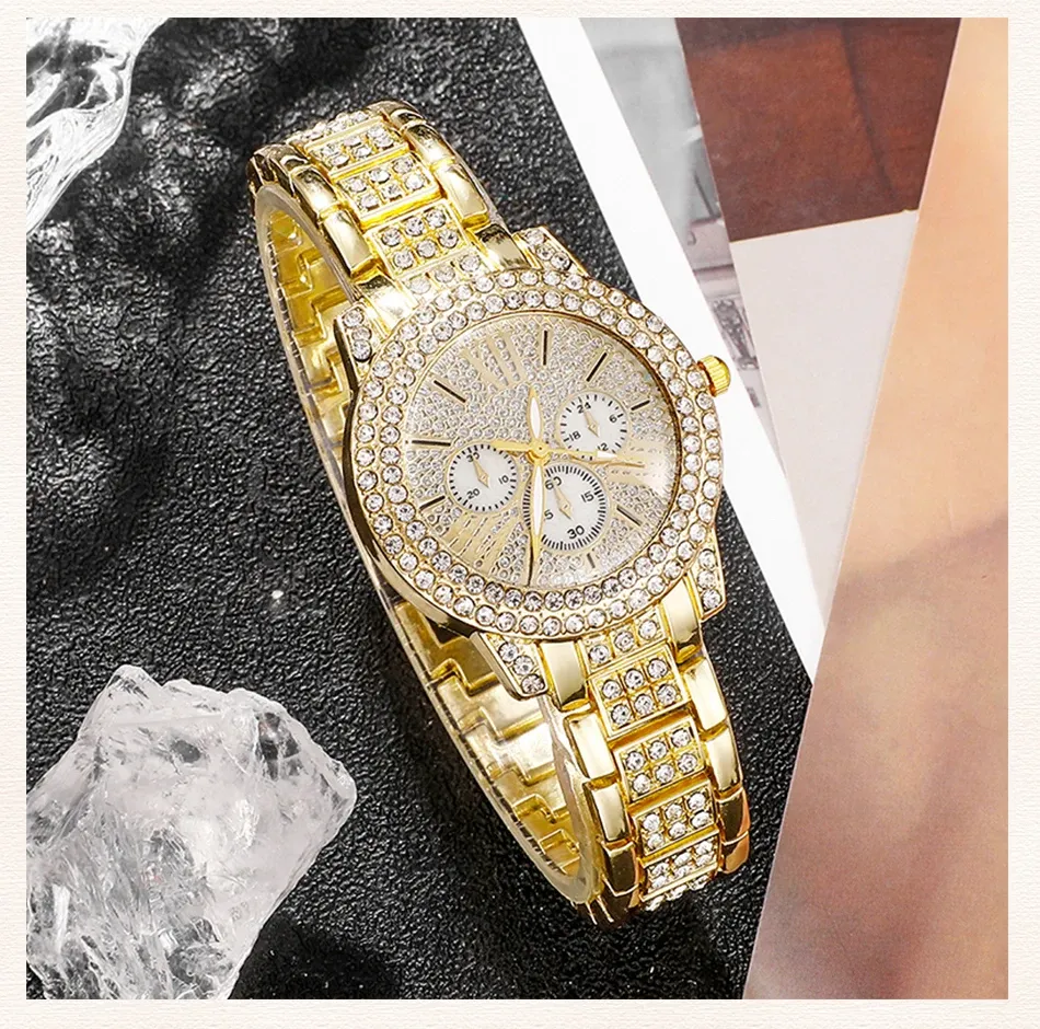 Women's Luxury Rhinestone Watch Jewelry Set - Gold Stainless Steel Quartz Fashion Wristwatch with Ring, Necklace, Earrings for Casual & Formal Wear showcase 7