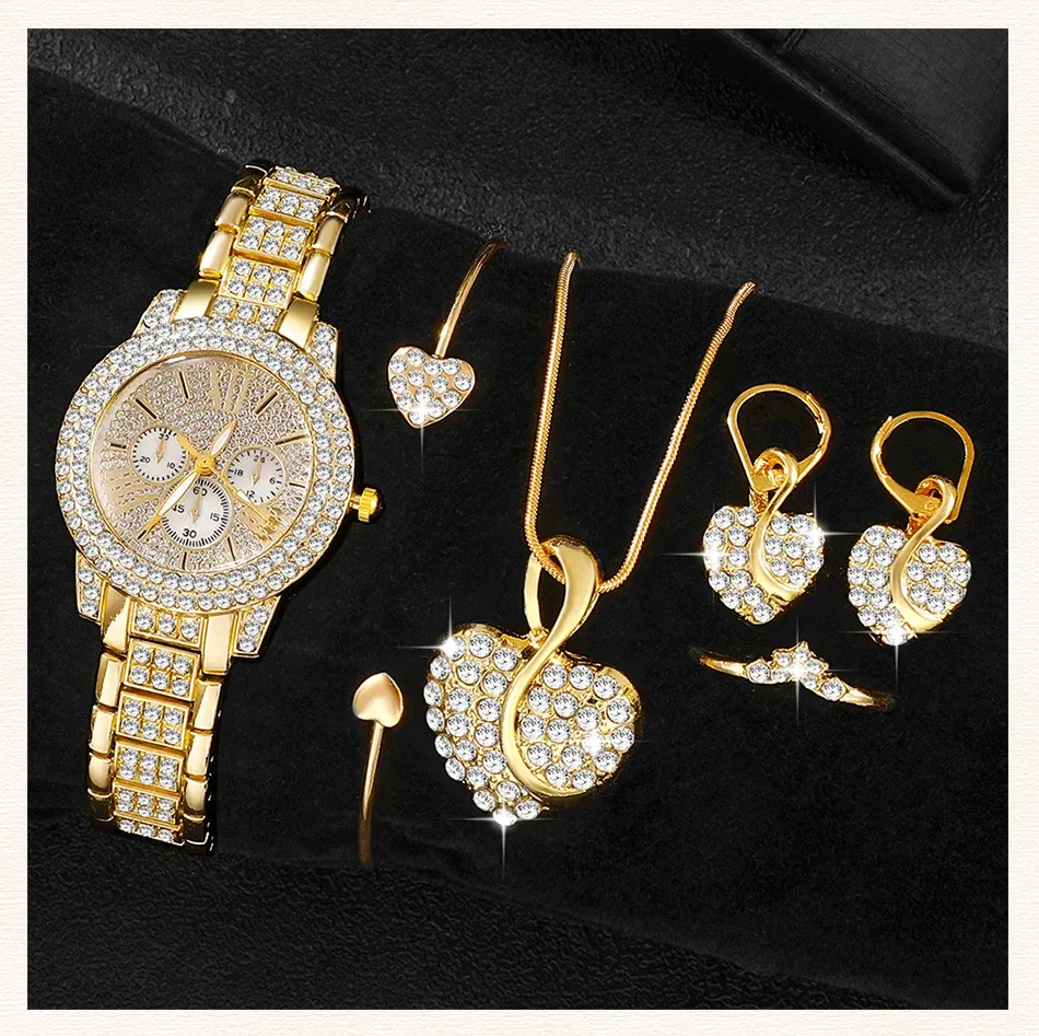 Women's Luxury Rhinestone Watch Jewelry Set - Gold Stainless Steel Quartz Fashion Wristwatch with Ring, Necklace, Earrings for Casual & Formal Wear showcase 6