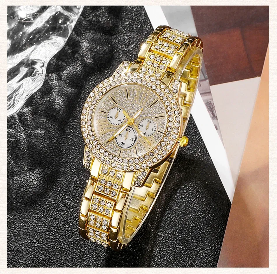 Women's Luxury Rhinestone Watch Jewelry Set - Gold Stainless Steel Quartz Fashion Wristwatch with Ring, Necklace, Earrings for Casual & Formal Wear showcase 8