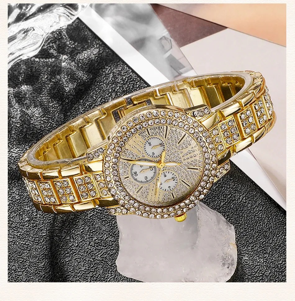 Women's Luxury Rhinestone Watch Jewelry Set - Gold Stainless Steel Quartz Fashion Wristwatch with Ring, Necklace, Earrings for Casual & Formal Wear showcase 9
