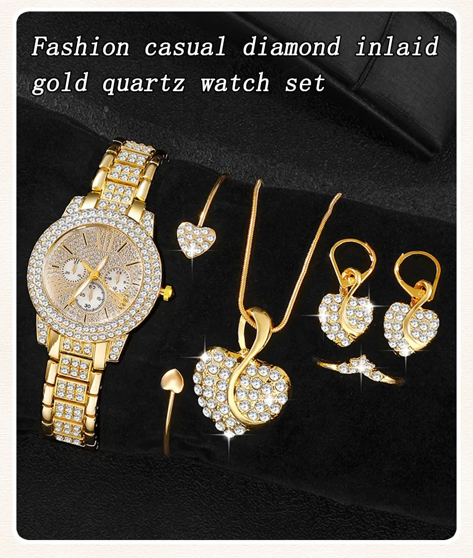 Women's Luxury Rhinestone Watch Jewelry Set - Gold Stainless Steel Quartz Fashion Wristwatch with Ring, Necklace, Earrings for Casual & Formal Wear showcase 1