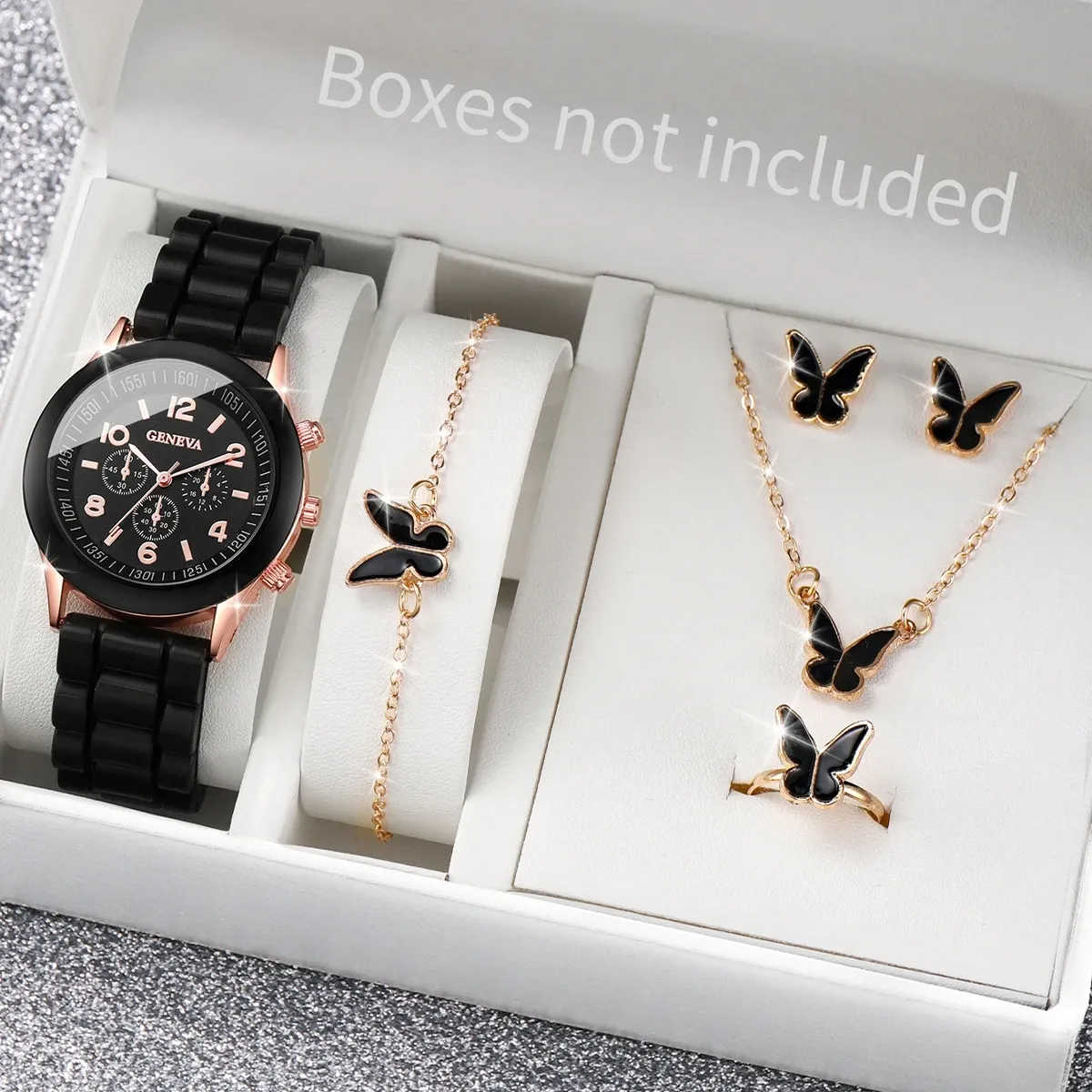 Women's Fashion Silicone Band Quartz Watch Jewelry Set - 5PCS Includes Watch, Bracelet, Necklace, 2 Earrings - CE Certified, Durable Alloy & Silicone, Water Resistant for Daily Wear thumbnail 3