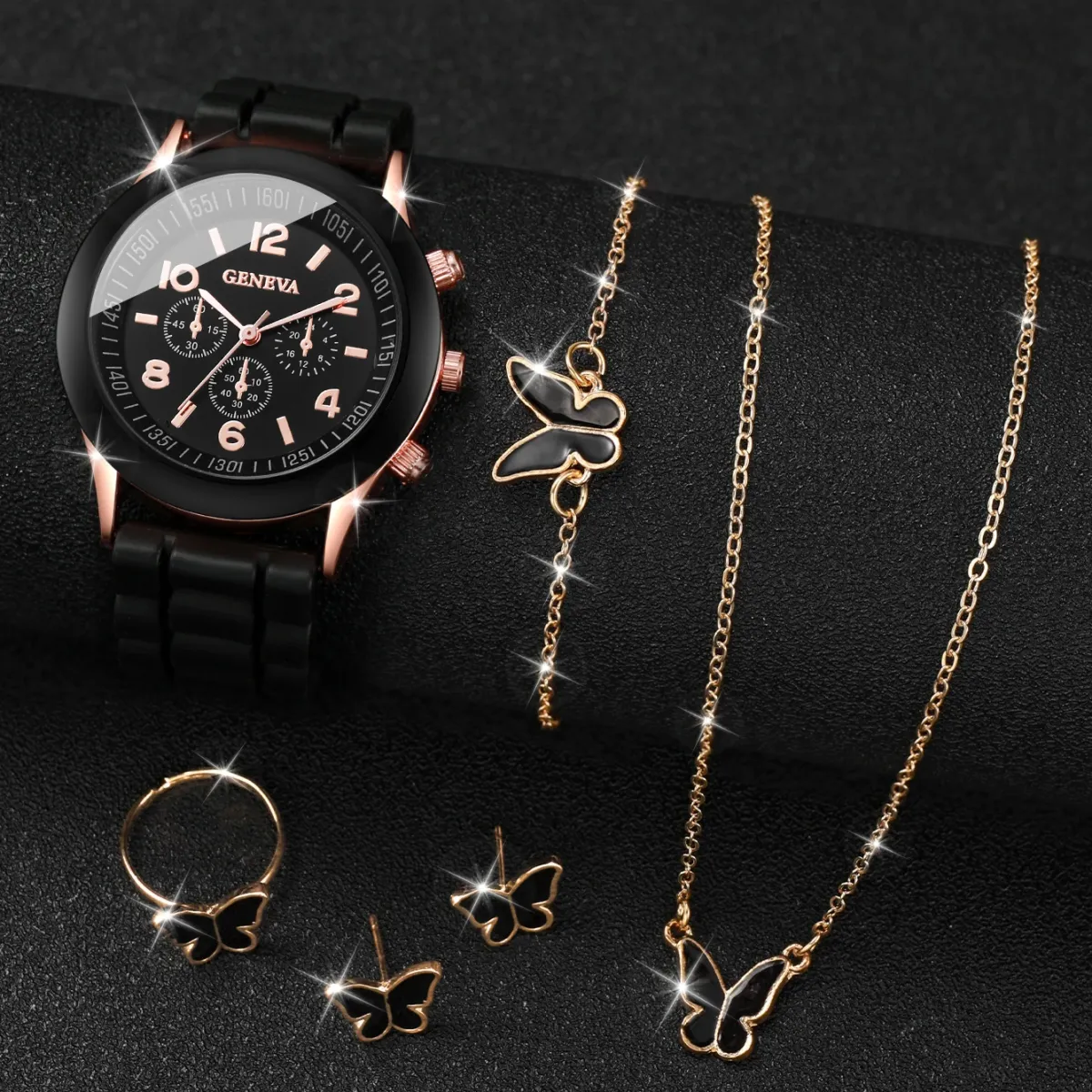 Women's Fashion Silicone Band Quartz Watch Jewelry Set - 5PCS Includes Watch, Bracelet, Necklace, 2 Earrings - CE Certified, Durable Alloy & Silicone, Water Resistant for Daily Wear showcase 14