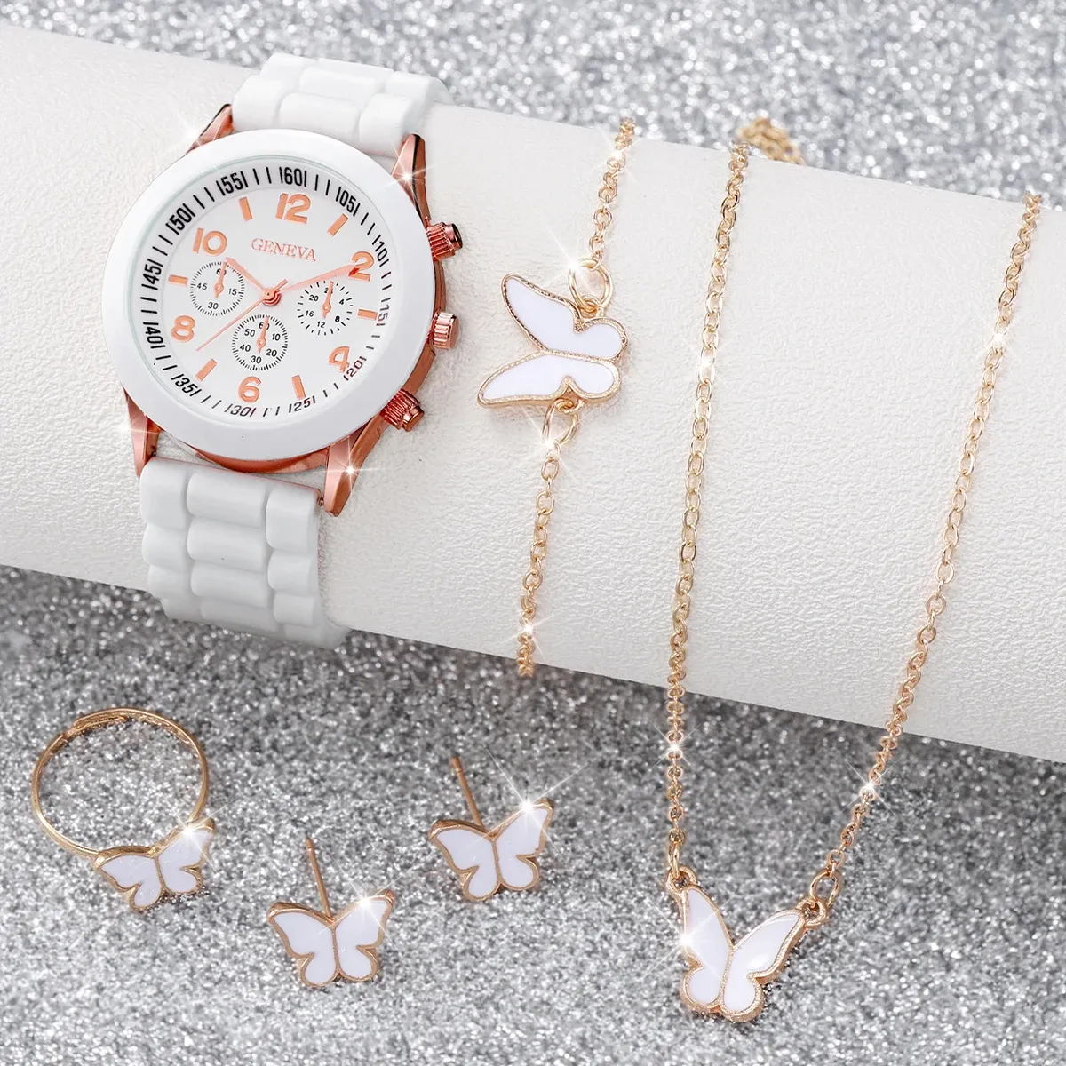 Women's Fashion Silicone Band Quartz Watch Jewelry Set - 5PCS Includes Watch, Bracelet, Necklace, 2 Earrings - CE Certified, Durable Alloy & Silicone, Water Resistant for Daily Wear showcase 15