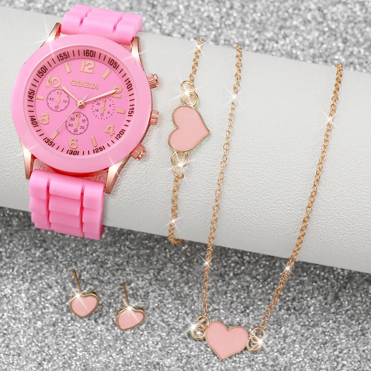 Women's Fashion Silicone Band Quartz Watch Jewelry Set - 5PCS Includes Watch, Bracelet, Necklace, 2 Earrings - CE Certified, Durable Alloy & Silicone, Water Resistant for Daily Wear showcase 13